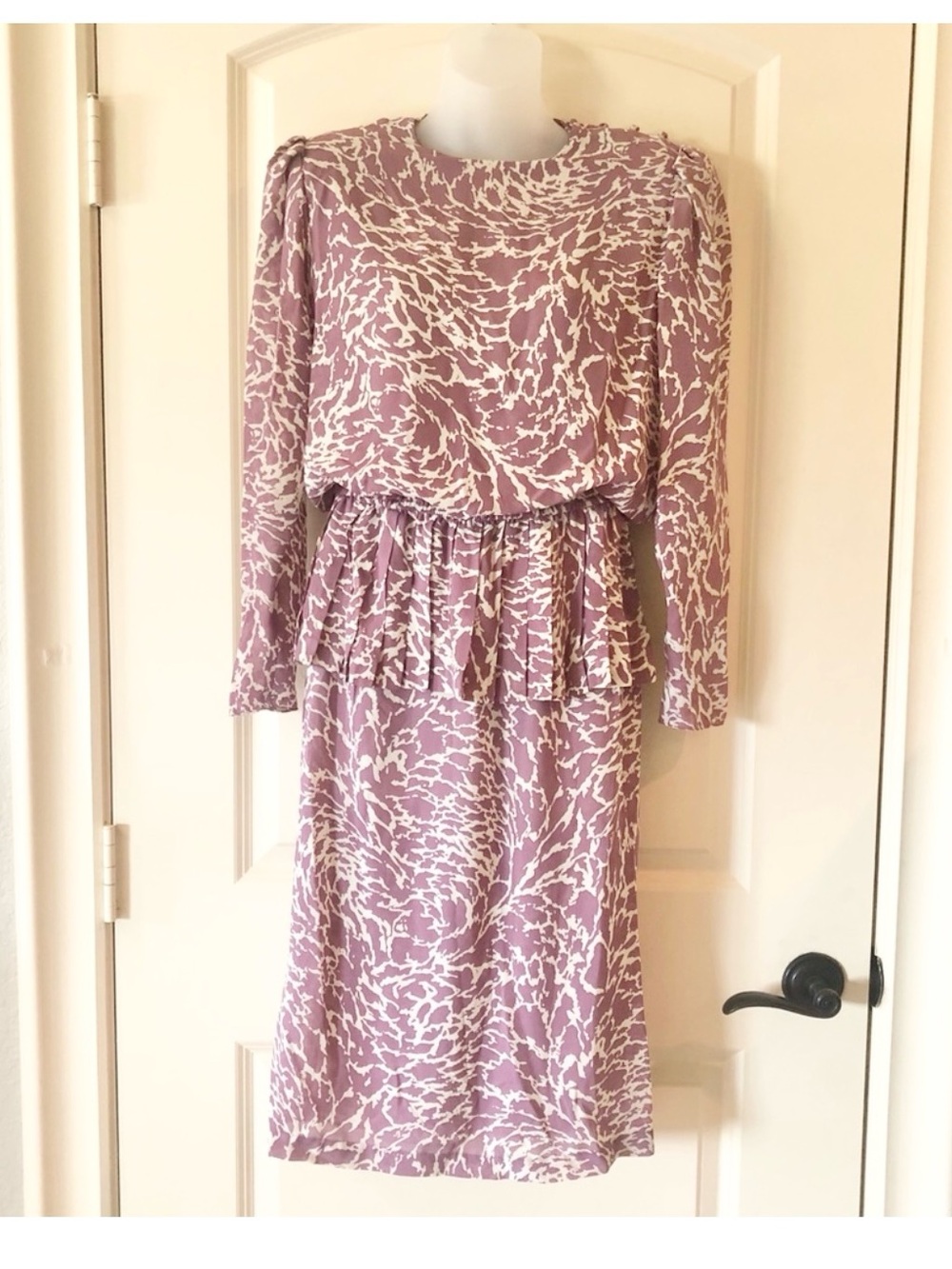 Vintage 80s Dim The Lites Peplum Midi Dress Lavender Abstract Print Petite Sz 4